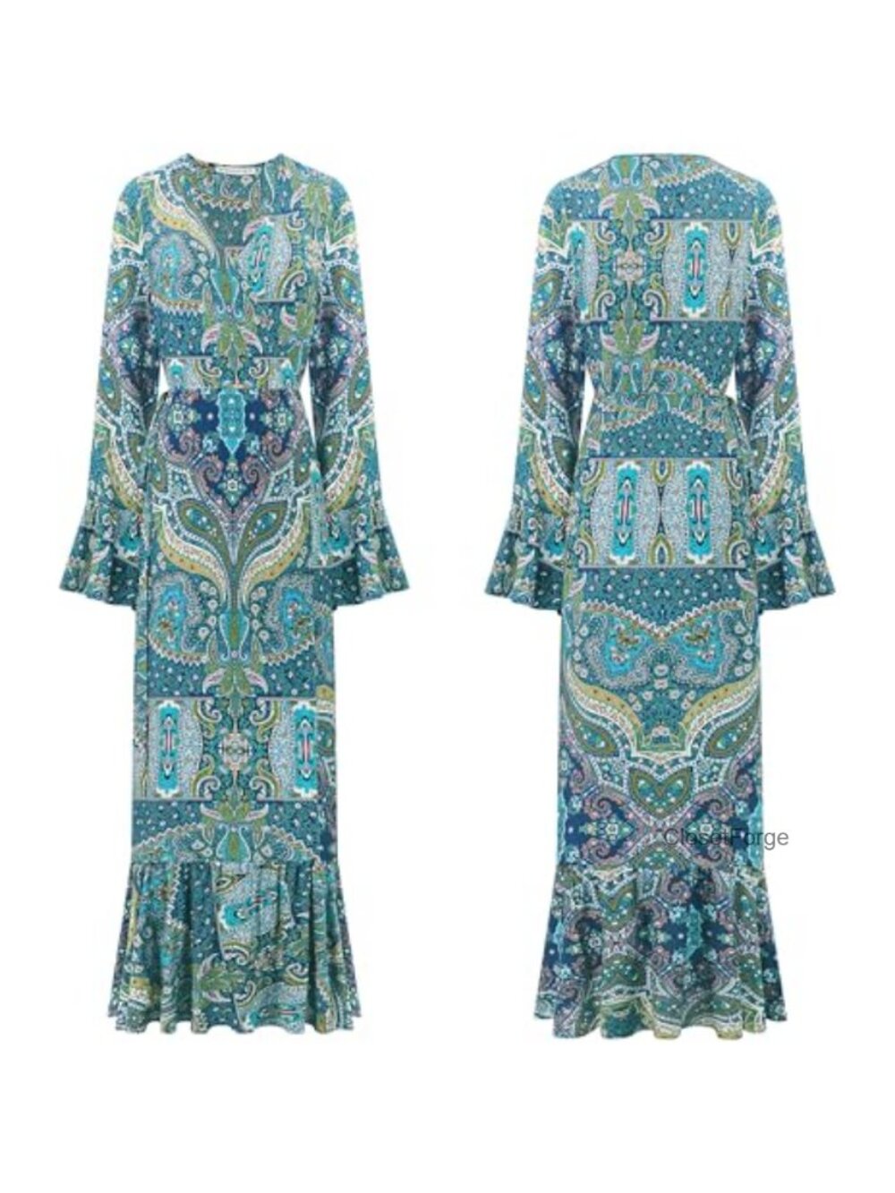 R.Vivimos Women's Floral Maxi Dress Long Sleeve V-Neck Ruffle Hem Wrap Tie - Picture 5 of 6